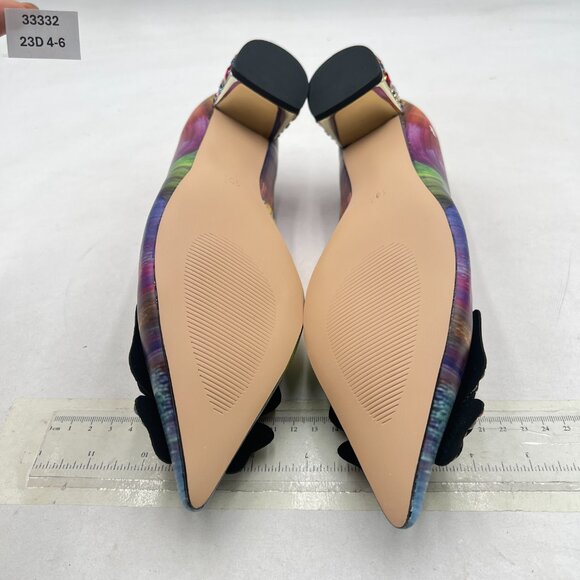 YDN Yellow Multi Pointed Toe Bow Pump Rhinestone Block Low Heel Butterfly Shoe - Picture 7 of 8